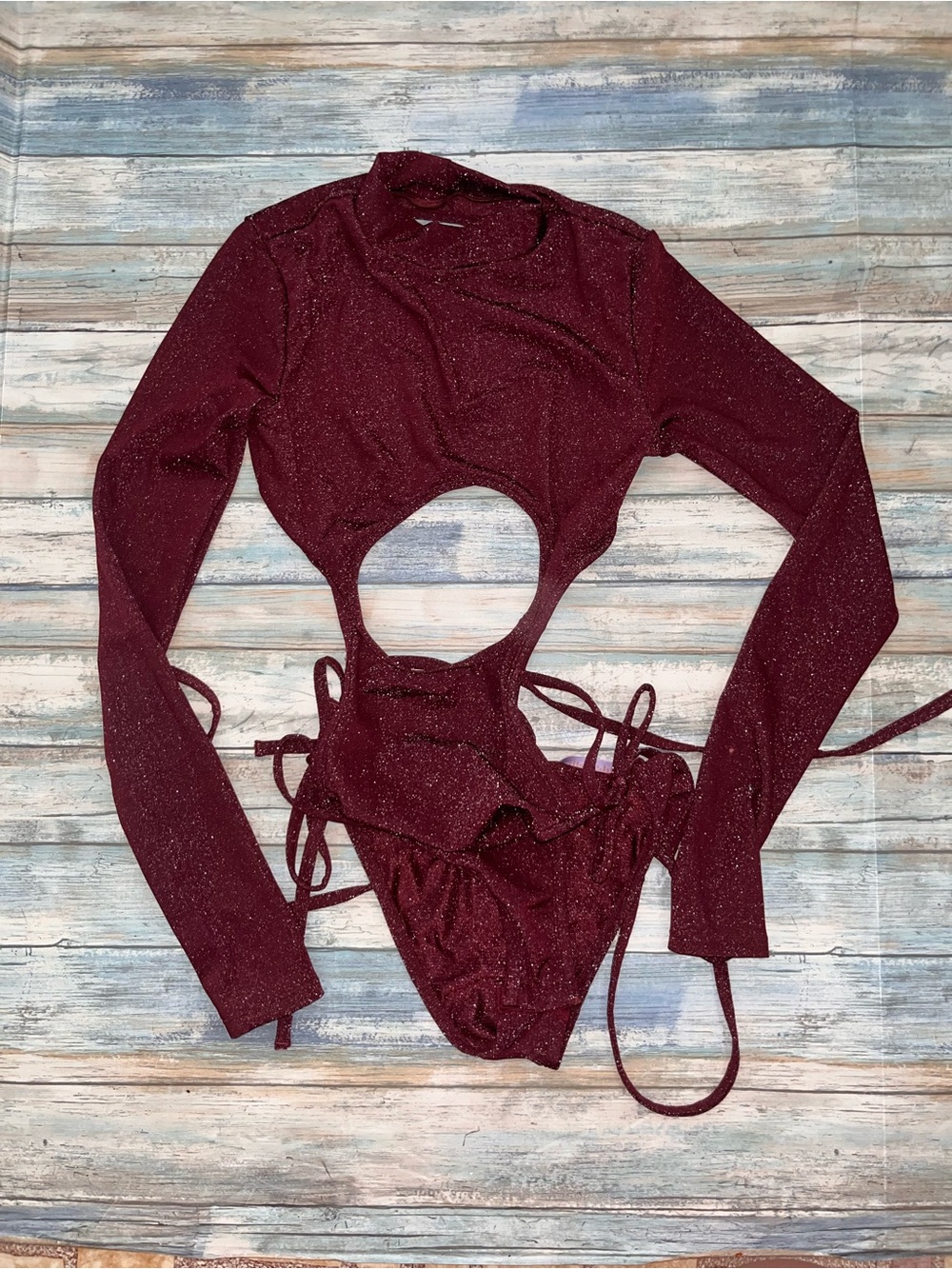 NWT Savage X Fenty Burgundy Shimmer Cutout Long Sleeve Bodysuit Small - Picture 2 of 7